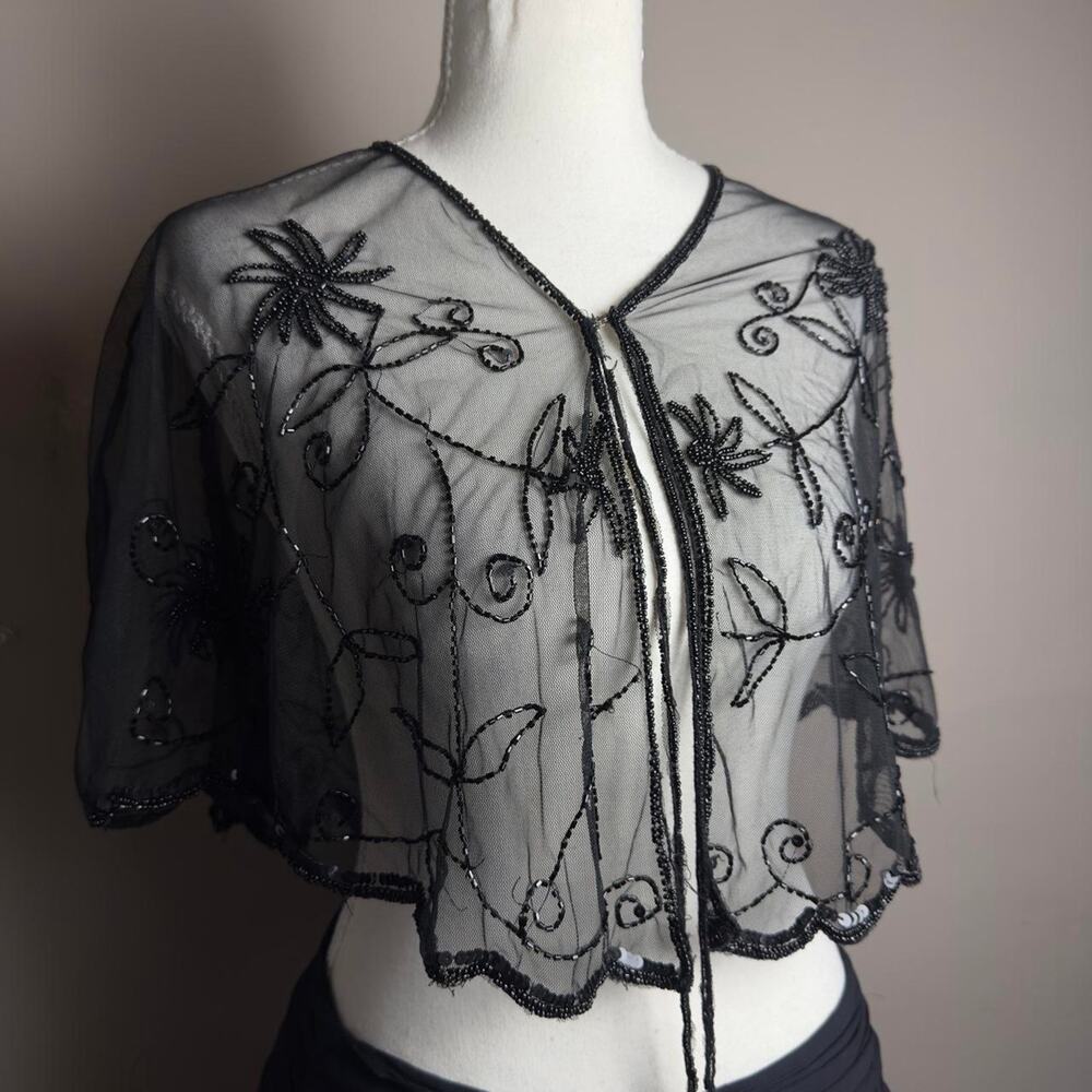Y2K Black Beaded Mesh Bolero Floral Embroidered Sheer Fairy Shrug